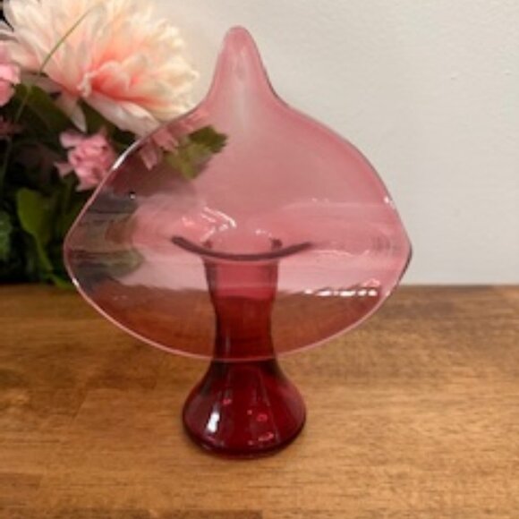 Other - Vintage Cranberry‎ Glass Jack-in-the-Pulpit Vase Hand Blown Art Glass MCM Decor
